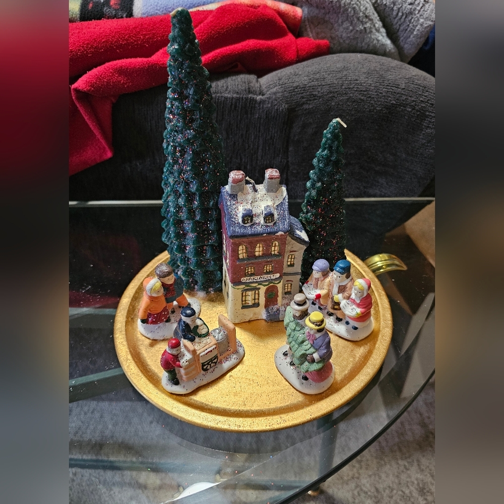 Vintage-Style Christmas Village Candle Set Winter Holiday Scene House & Trees